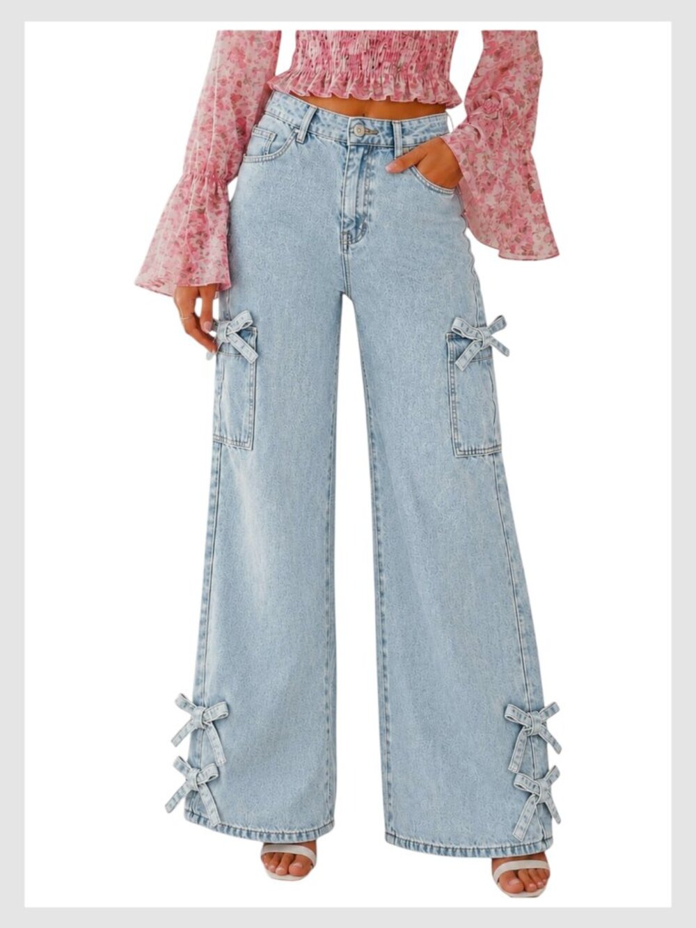 Edikted Mid Rise Baggy Bow Jeans Light Wash XS